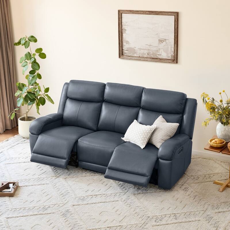 Spruce & Spring Hadlee Genuine leather Reclining Sofa with Multi-Function Console. - 3PC - Navy