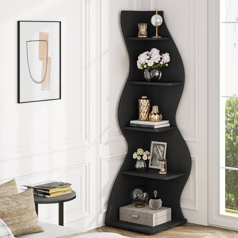 Modern Wood Corner Shelf, 5-Tier Bookshelf Bookcase for Living Room
