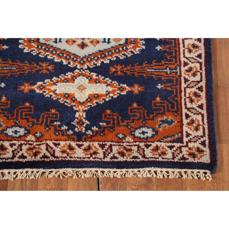 Blue Geometric Viss Oriental Runner Rug Handmade Wool Carpet - 2'7"x 7'10"