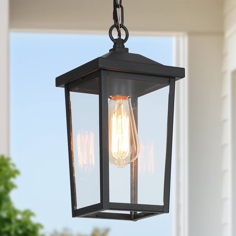 Bern Modern 1-Light Black Outdoor Ceiling Lights Lantern Porch Pendant Light - L 6.3"x W 6.3"x H 13"