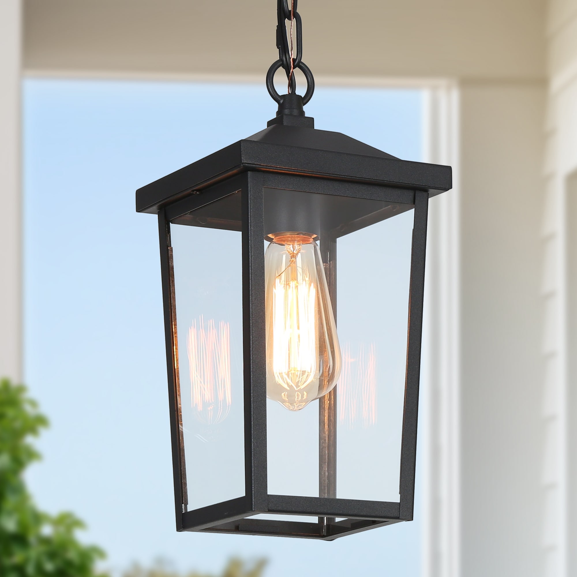Bern Modern 1-Light Black Outdoor Lantern Porch Pendant Light - L 6.3"x W 6.3"x H 13"