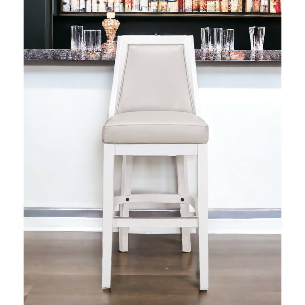 31" Gray And White Faux Leather And Solid Wood Bar Height Swivel Bar Chair