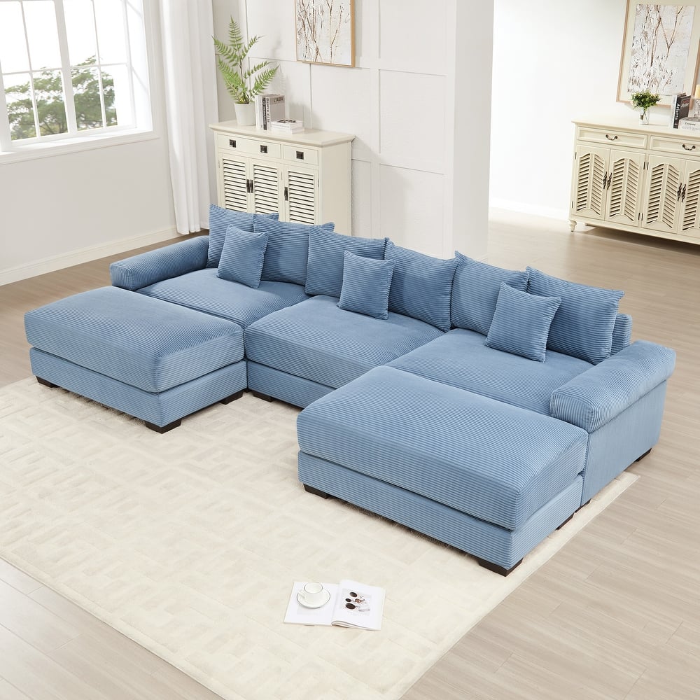 GDFStudio - Corduroy U-Shaped 3-Seater 130" Cloud Modular Sectional Couch with 2 Ottomans