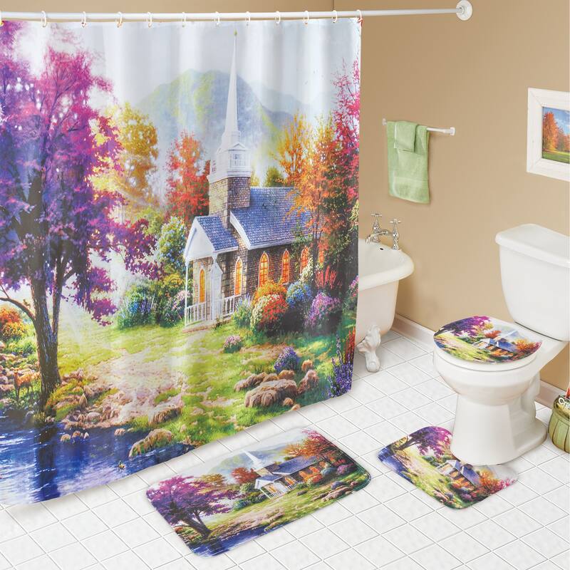 Garden Villa Scene 4-Piece Bathroom Set - 70 x 0.2 x 70 - 70 x 0.2 x 70