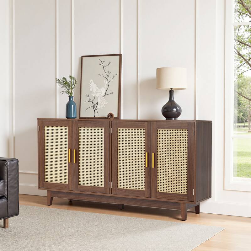 Wood TV Stand for up to 60" TVs with Four Rottan Doors