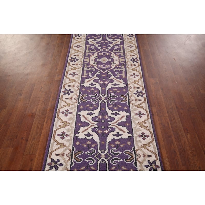 Purple & Ivory Oushak Indian Runner Rug Hand-Knotted Wool Carpet - 2'6"x 9'8"
