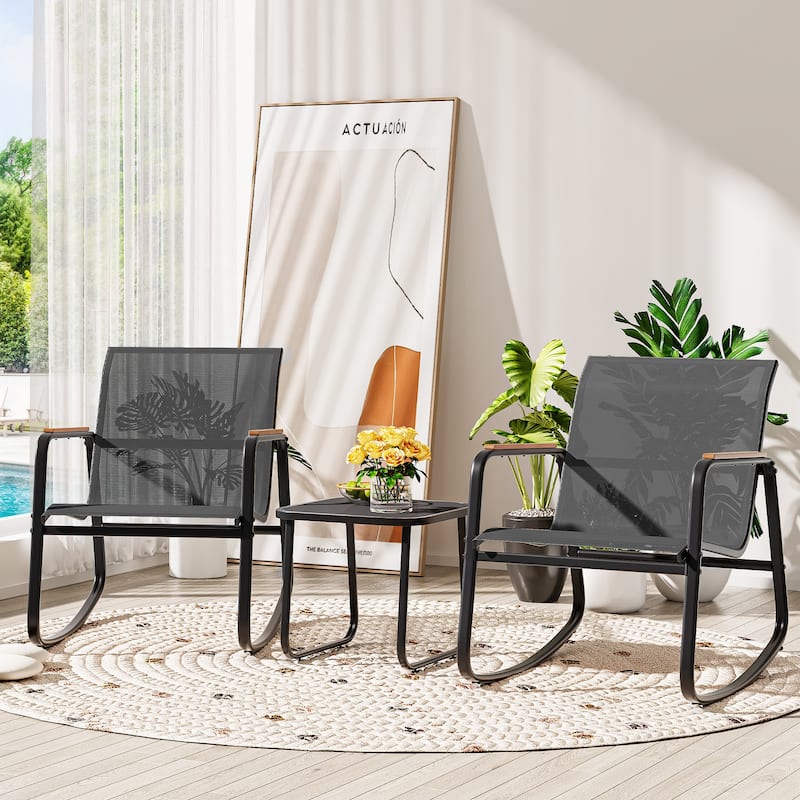 Moasis 3-piece Outdoor Rocking Chair Chat Set with Side Table - Black