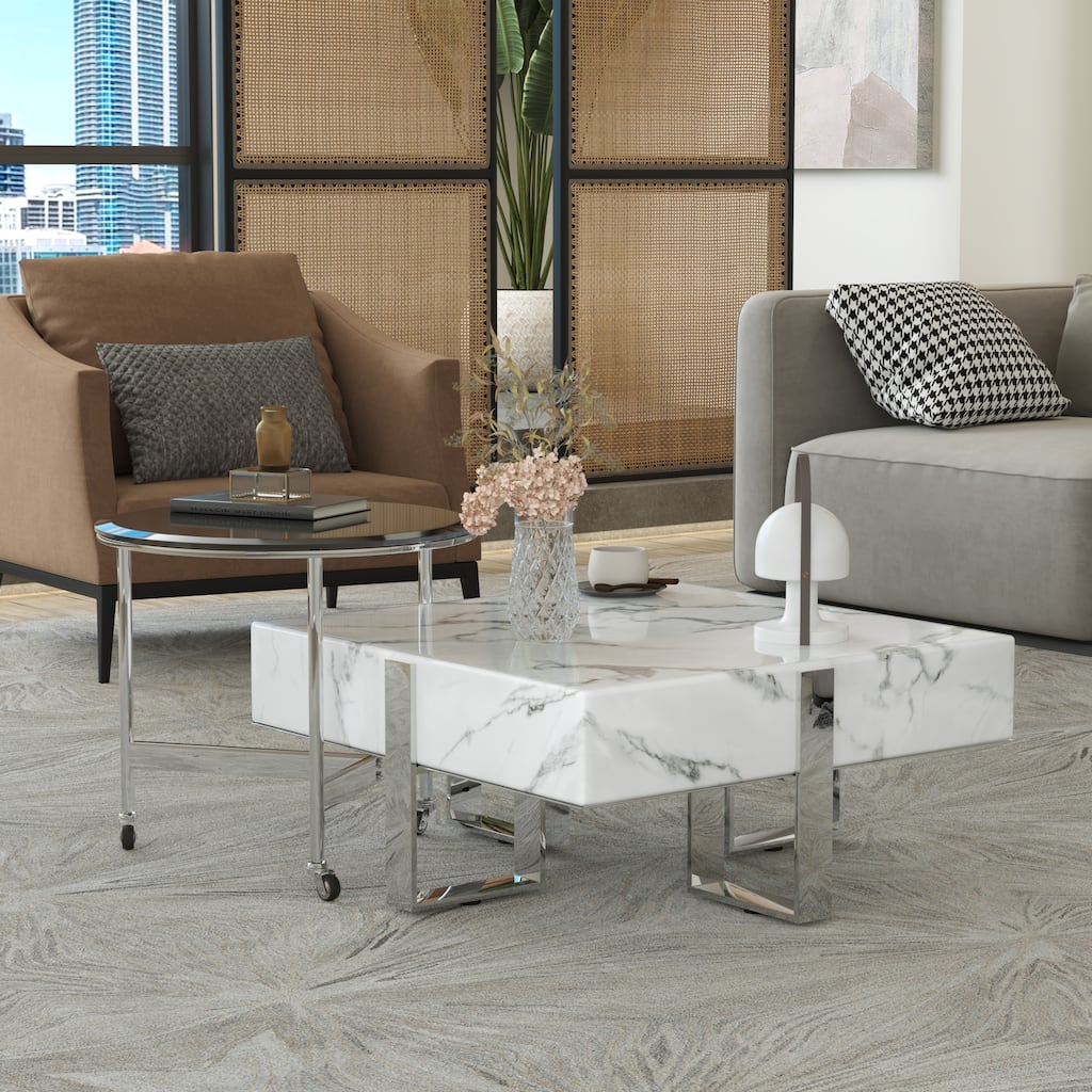Modern Luxury Square Faux Marble Coffee Table Set Nesting Coffee Table with End Table