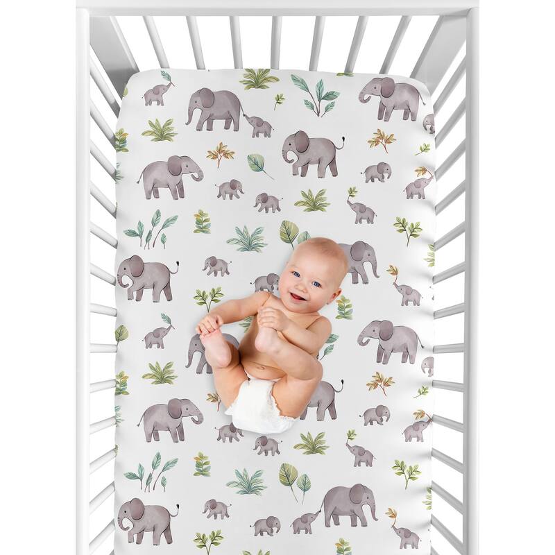 Sweet Jojo Designs Watercolor Elephants Boy Girl Gender Neutral Fitted Crib Sheet Green Grey Jungle Safari Palm Trees Leaf Gray