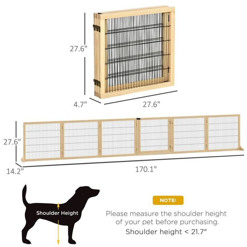 Pine Wood and Steel Foldable Pet Gate with 6 Panels - 170.1" L x 14.2" W x 27.6" H