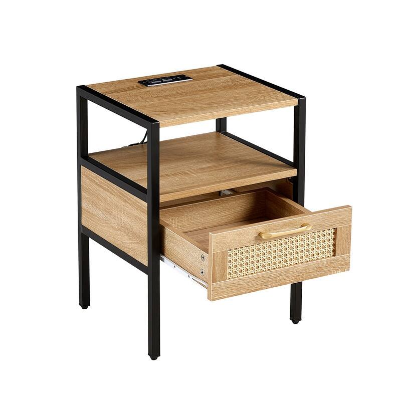 15.75" Modern Rattan End Table with Charging Station Nightstand with Drawer Metal Legs Side Table
