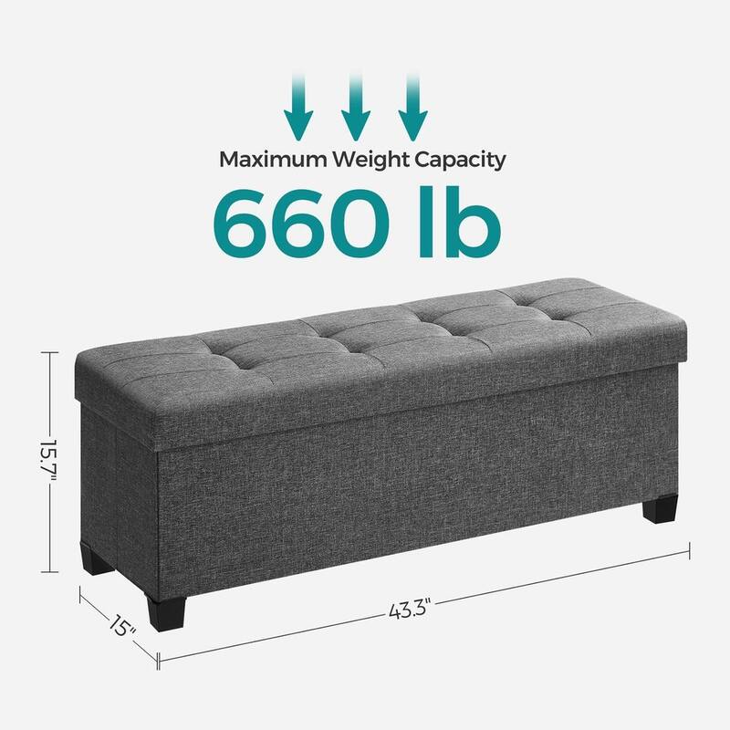 Fabric Upholstered 43" Wide Small Storage Ottoman with Wooden Legs and Tufted Lid