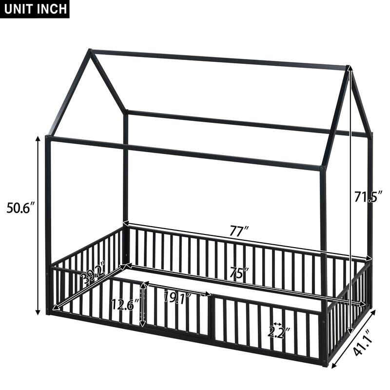 Creative House Design Twin/Full Size Metal Bed with Guardrails and Playful Fence - Ideal for Kids' Bedroom