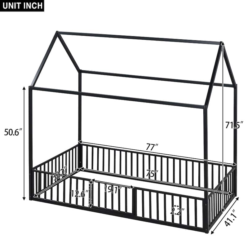 Metal House Bed with Fence, Roof & Door