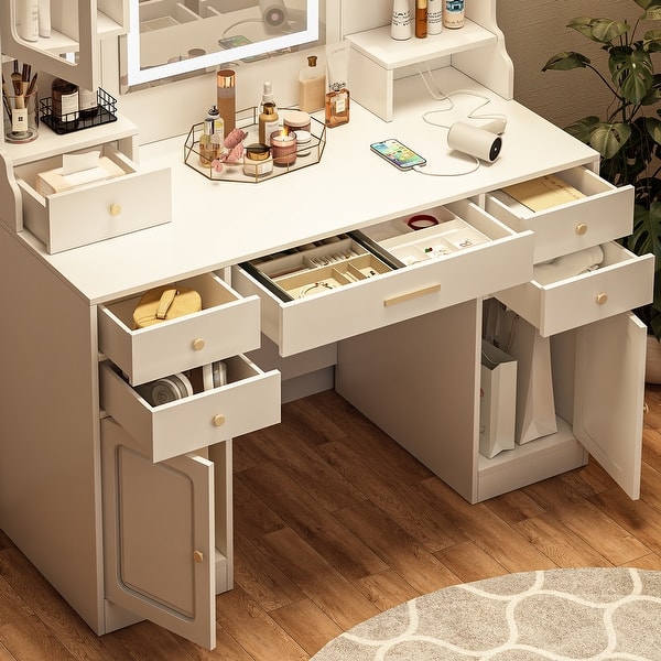 light brown dressing table SICOTAS BOHO Vanity Desk with 2 Drawers and Storage, Rattan Vanity Table with Drawers and Storage Cabinets, Farmhouse Dressing Table for Room main image 0