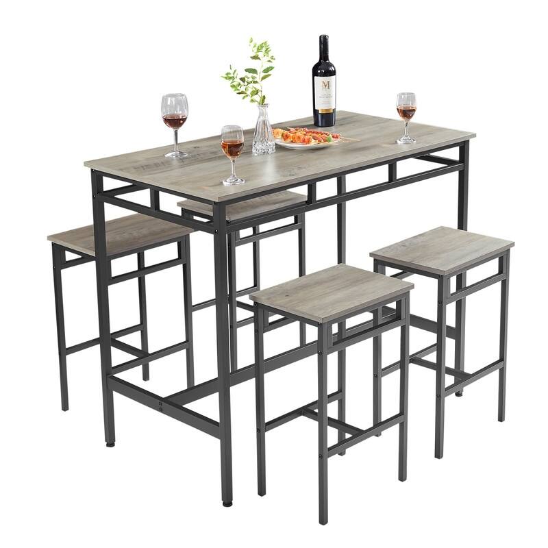 Rustic Brown 5 Piece Bar Table Set with 4 High Stools