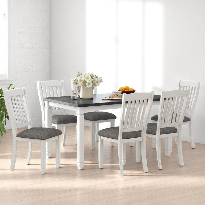 7-Piece Kitchen Dining Set with Gray Tabletop and Linen Chairs, Wood Table Set for 6 with Shaped Legs