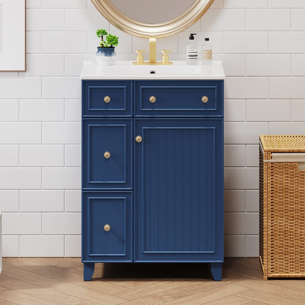 Compact Groove Design Storage Cabinet Bathroom Vanity with Ceramic Sink, Vertical Stripe Door, 2 Drawers and Round Handles