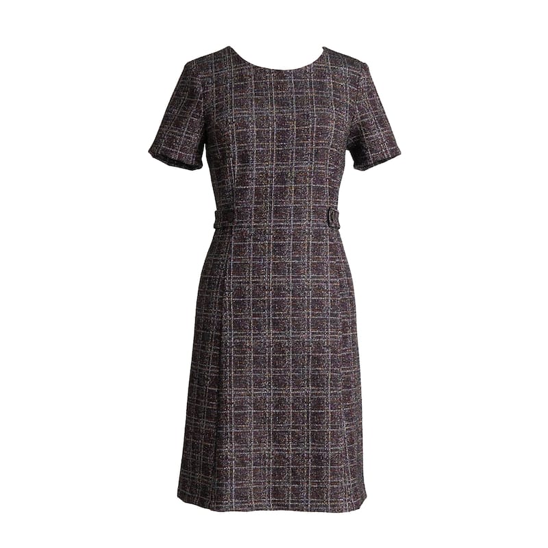 Connected Apparel Plaid Boucle A-Line Dress - Aubergine - 12
