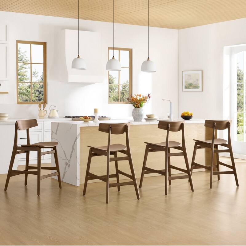 Spruce & Spring Modern Farmhouse Bar Stool with Bentwood Back and Saddle Seat - Set of 4 - Walnut