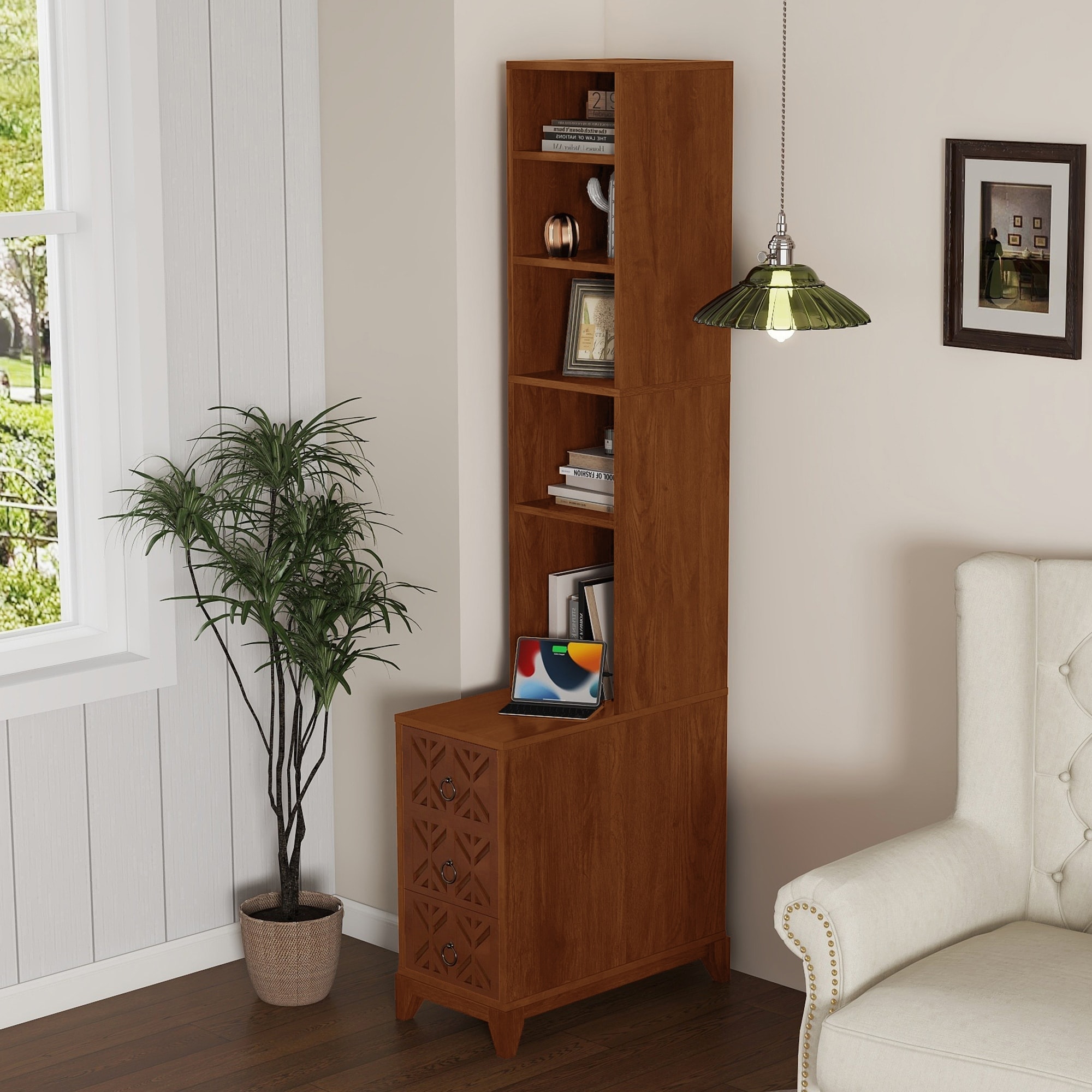 End Table Corner Table with 3 Drawers, Tall Side Table Display Cabinet Lamp Table with 4 Open Shelves