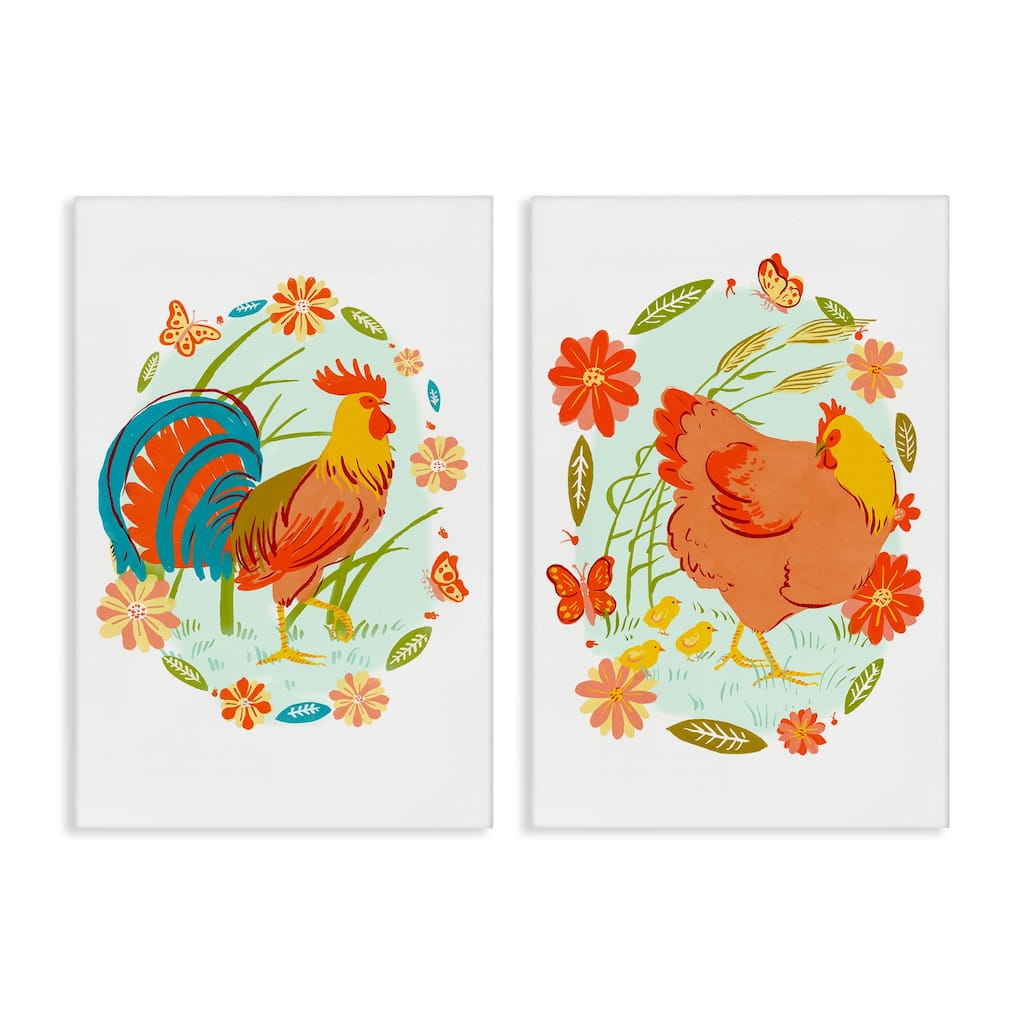Stupell Rooster & Hen with Florals Canvas Wall Art Design By Hannah Moren (Set of 2)