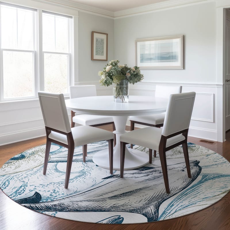 Premium Washable Super Soft Coastal Sealife Mayfield Rug - Ivory - 8' x 8' - Round