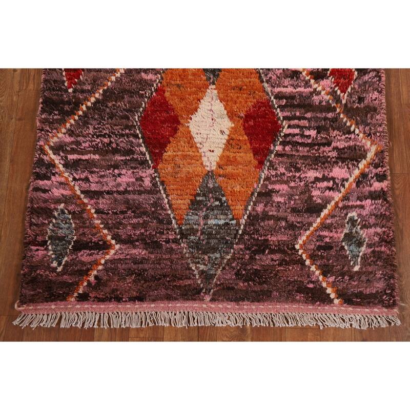 Hand Knotted Oriental 100% Wool Carpet Modern Tribal Pink Moroccan Runner Rug - 9' 10'' X 3' 1''
