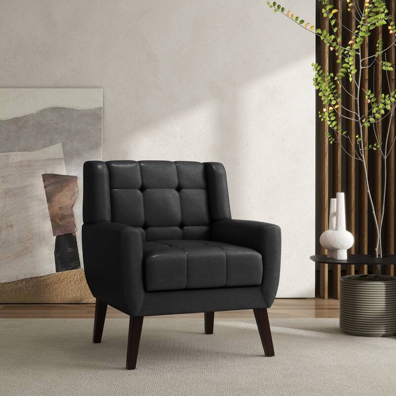 Modern Tufted Wingback Accent Chair Linen/Faux Leather/Velvet Armchair - PU Leather - Black/PU