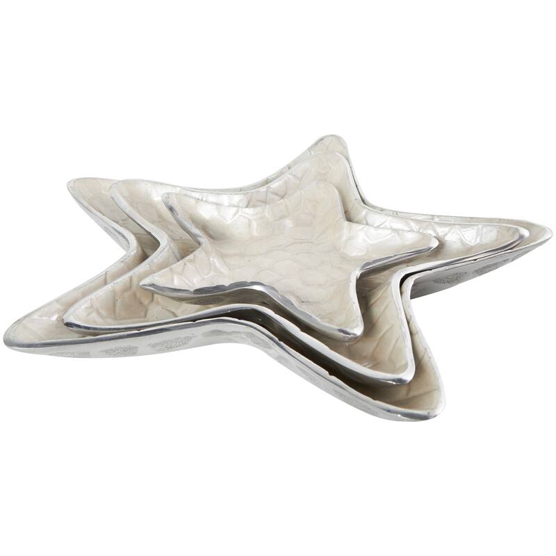 White or Teal Aluminum Metal Handmade Textured Enameled Starfish Decorative Bowl with Silver Base (Set of 3)