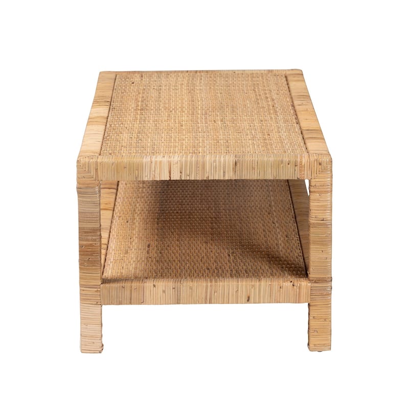 Kalimantan Bohemian Light Honey Rattan and Mahogany Wood Rectangle Coffee Table