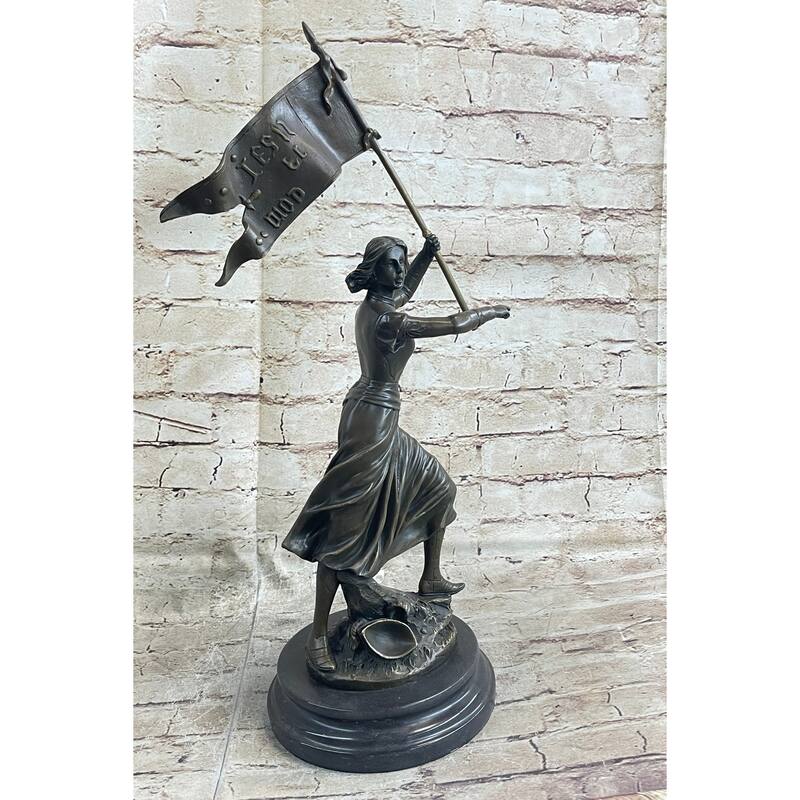 Roman Imitative Catholic Saint Joan Of Arc Standing W/ Flag Sculpture Statue Bronze Figure