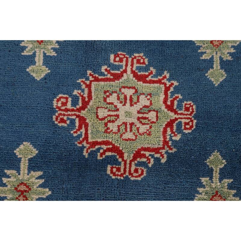 Blue Geometric Kazak Large Area Rug Hand-Knotted Wool Carpet - 9'9" x 13'2"