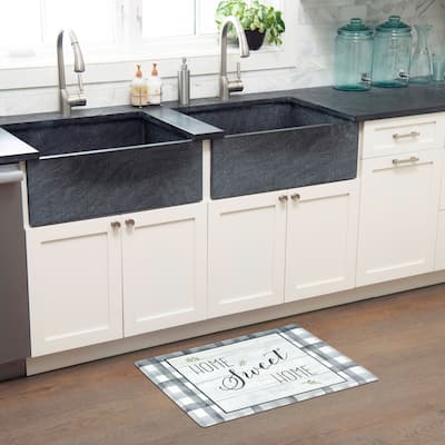 SoHome Cozy Living Home Sweet Home Farmhouse Buffalo Check Border Anti-Fatigue Kitchen Mat, Grey/Green