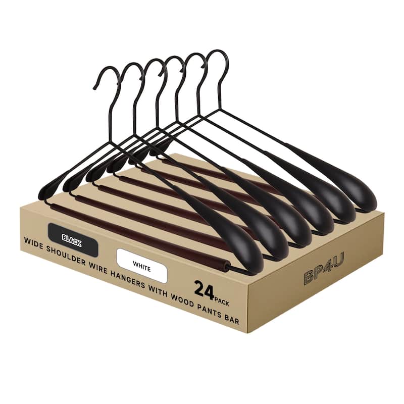 BP4U Heavy Duty Metal Wide Shoulder Suit Hangers, Welded Coat Hangers with Beech Wood Pants Bar for Clothes - 24-Pack - Black/Walnut