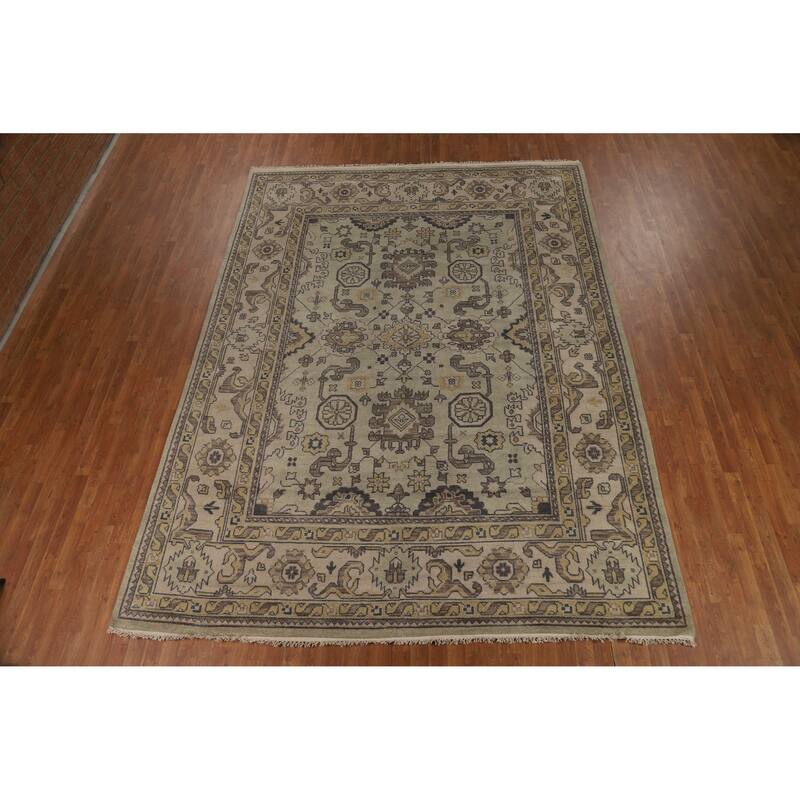 Green Floral Oushak Indian Area Rug Hand-Knotted Wool Carpet - 9'0" x 12'2"