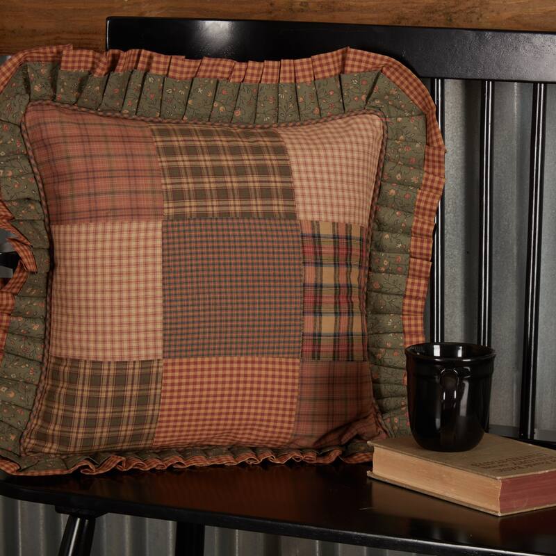 Crosswoods Patchwork Pillow 18x18 - Accent - Pillow 18x18 - Polyester - Dark Olive Green/Russet/Khaki