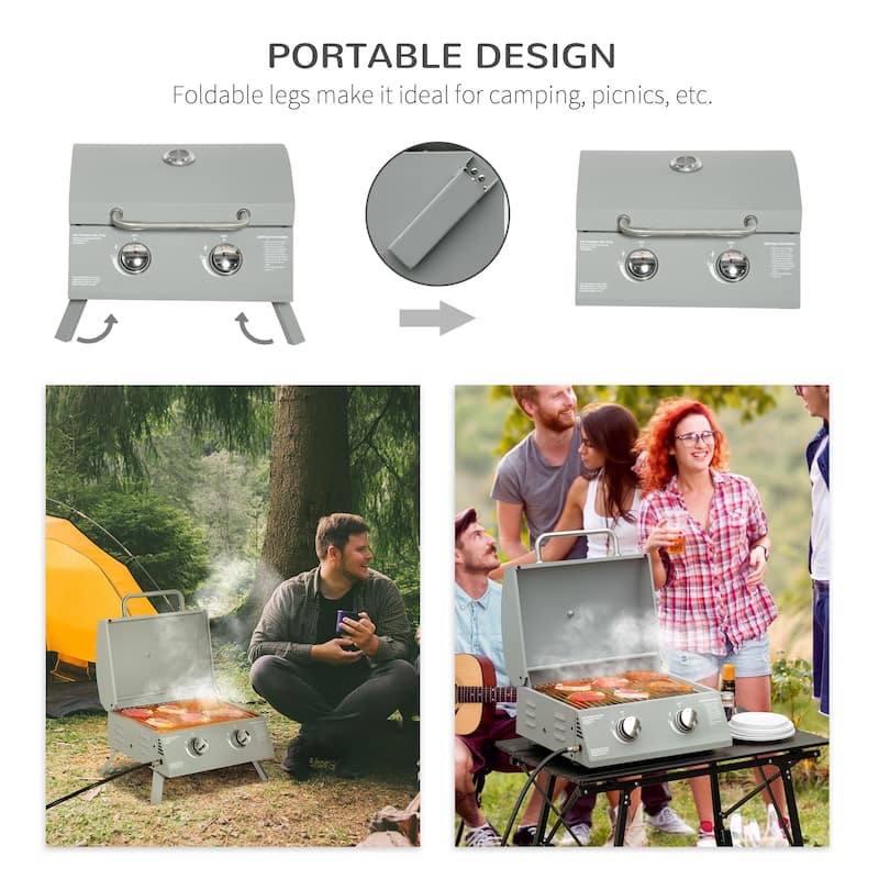 2 Burner Propane Gas Grill Outdoor Portable Tabletop BBQ with Foldable Legs Lid Thermometer, for Camping Picnic, Backyard