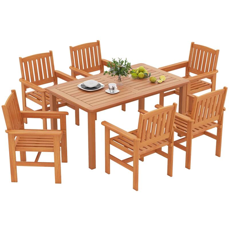 Costway 7 PCS Patio Wood Dining Table Set with 2” Umbrella Hole - See Details