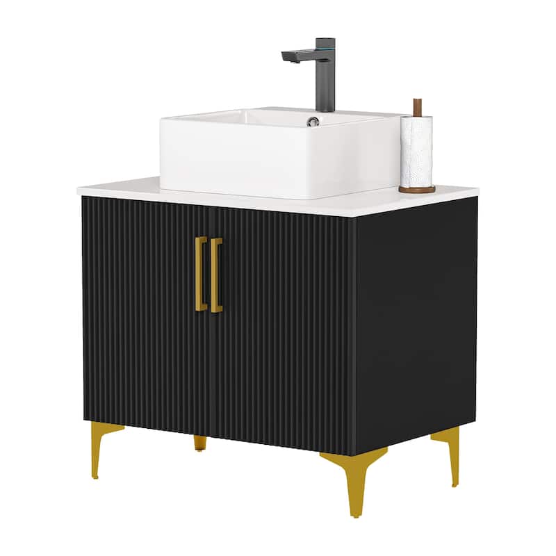 Freestanding Bathroom Vanity with White Stone Top Soft Close Doors and Gold Accents