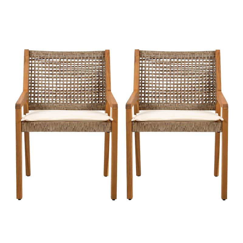 OUTDOOR DINING CHAIR SET-Acacia Wood and Wicker with Cream Cushion Patio Furniture-Teak finish & wicke Brown ,set of 4