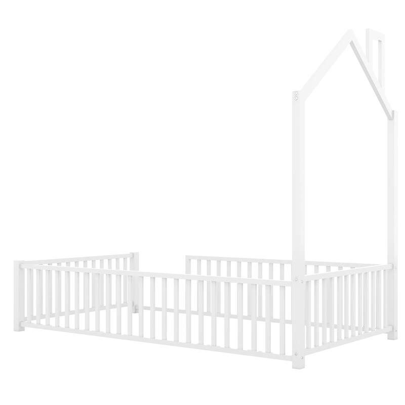 Twin Size Metal House Platform Bed with Guardrail and Chimney, White