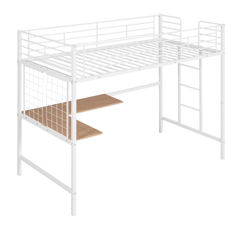 Twin Metal Loft Bed with Desk and Metal Grid, White