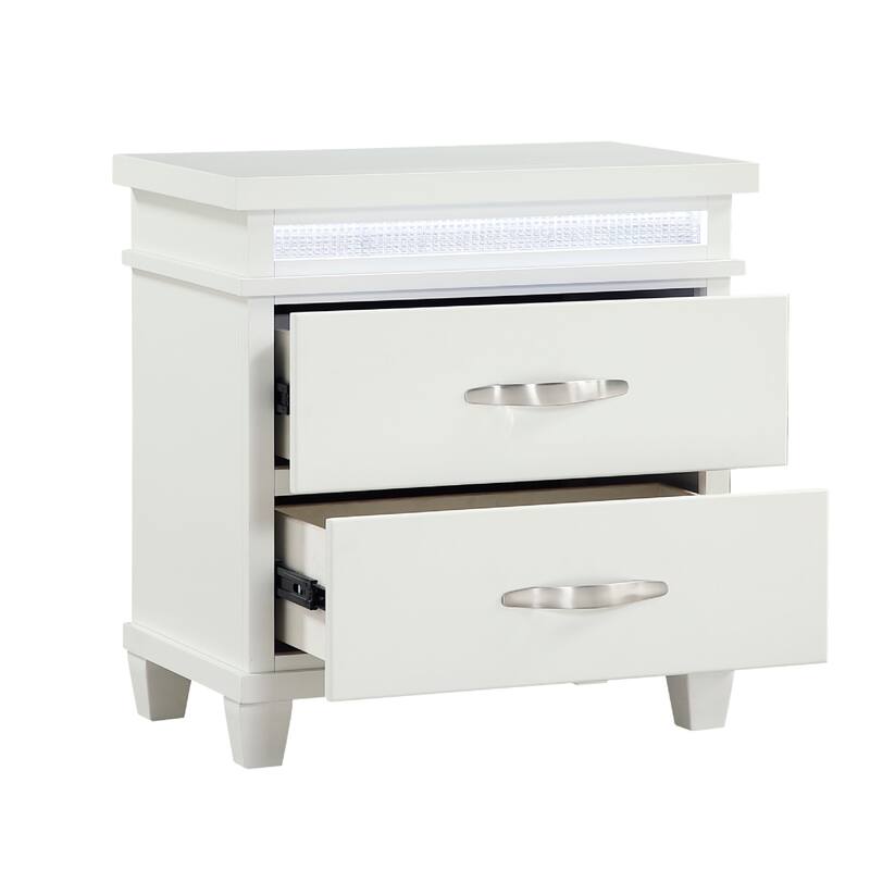 Jisy Nightstand, 2 Drawers, LED Lights, White Wood, Chrome Handles