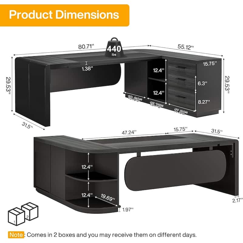80'' Executive Desk, L-Shaped Office Table with 55'' Cabinet