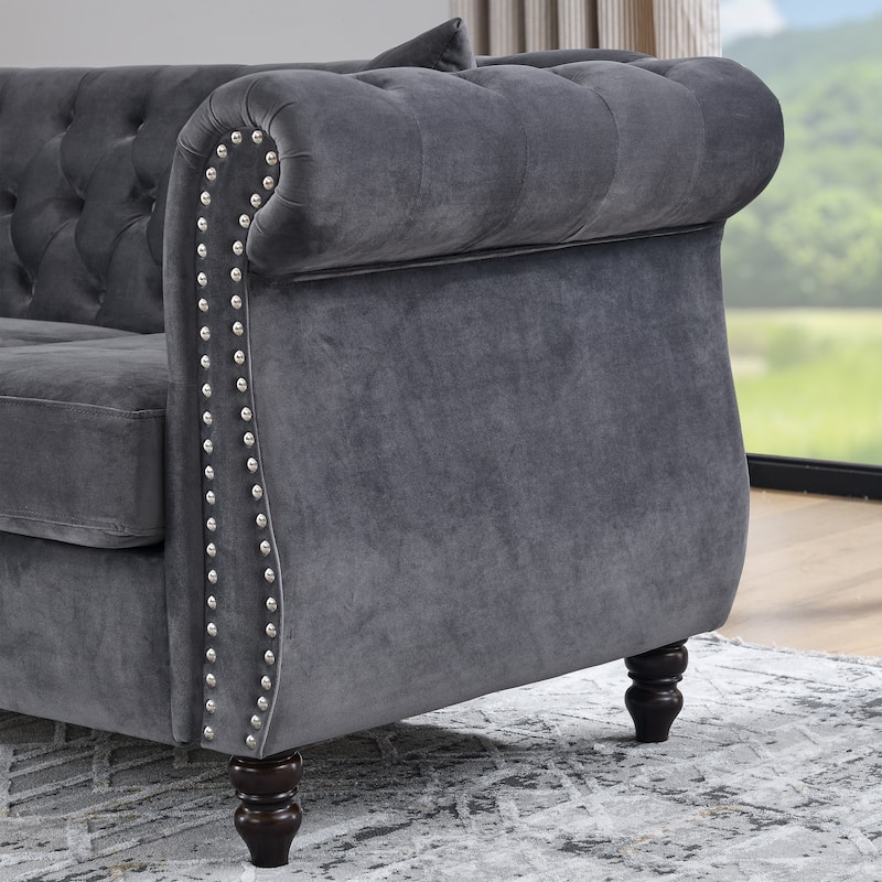 Anmytek Velvet Chesterfield 2-Seater Sofa - Tufted with Rolled Arms Nailhead and 2 Pillows