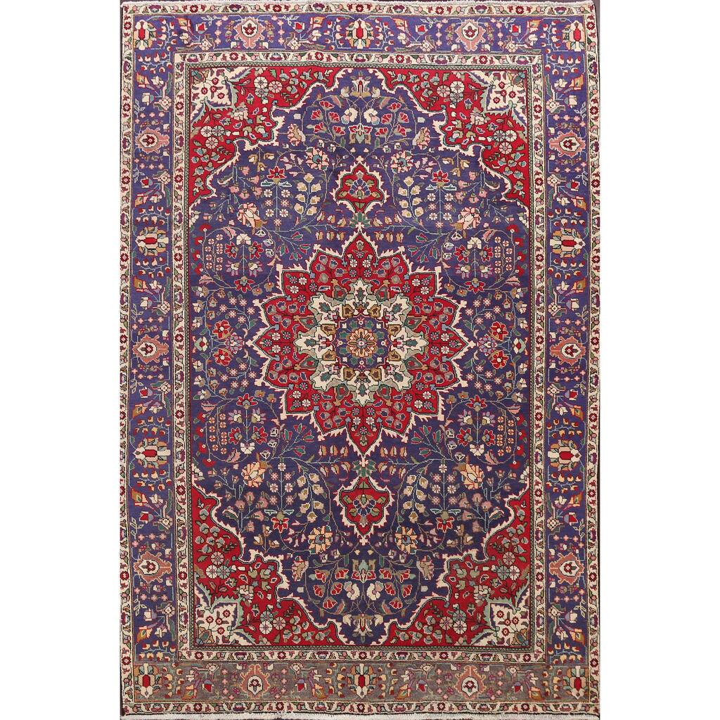 Vintage Navy Blue Floral Tabriz Persian Wool Area Rug Handmade - 6'6" x 9'6"