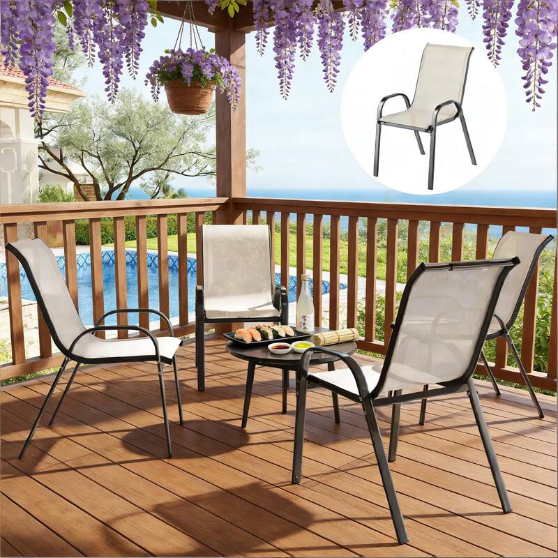 GDFStudio - Holmgren Outdoor Mesh Dining Chairs with Space-Saving Stackable Design Set - Set of 4 - Black+Beige