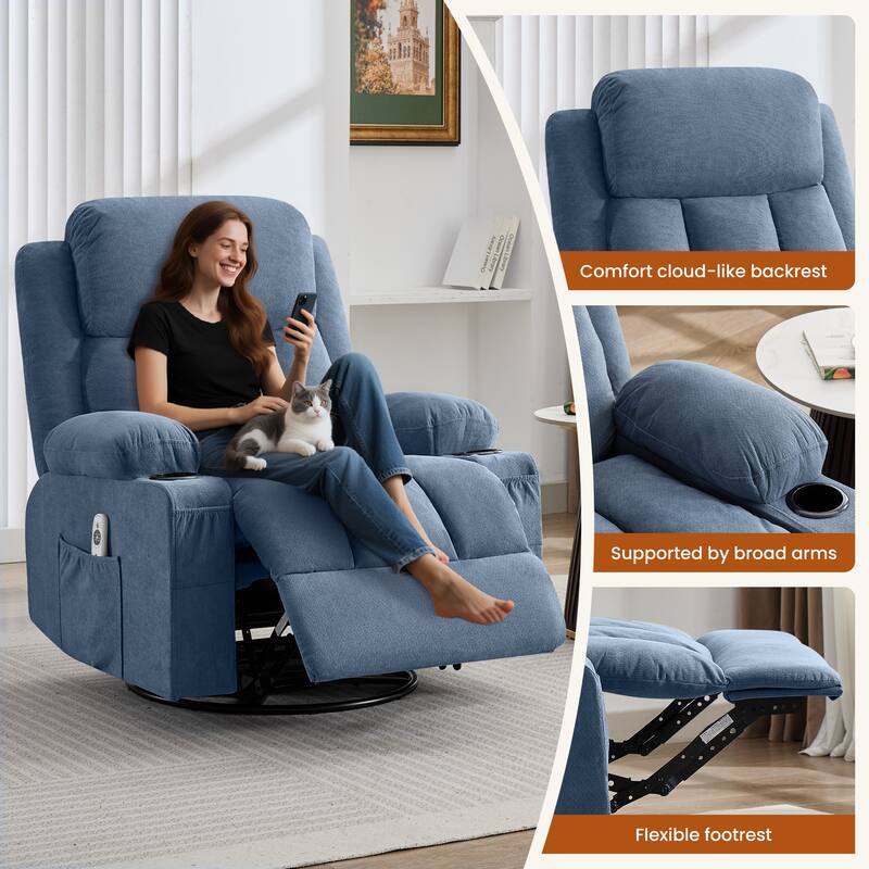 Swivel Rocker Recliner with Vibration Massage Heat USB Port Cup Holders