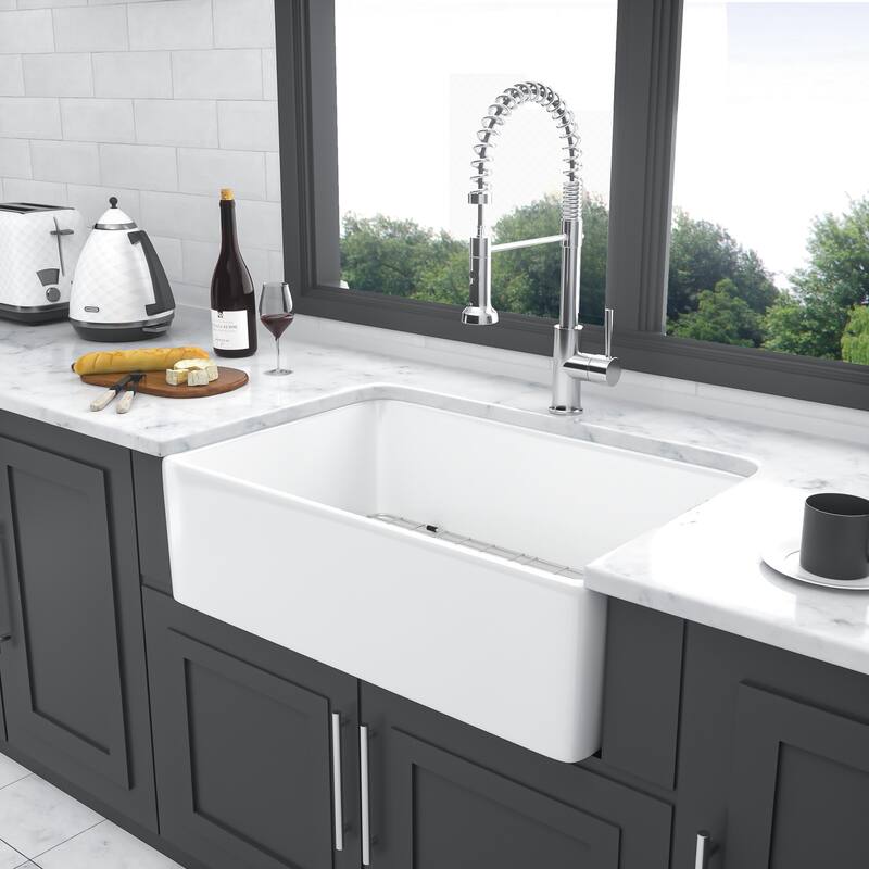 White Farmhouse Sink - 30 inch Kitchen Sink Apron-front White Ceramic Reversible Single Bowl Kitchen Farm Sinks - 30*20*10